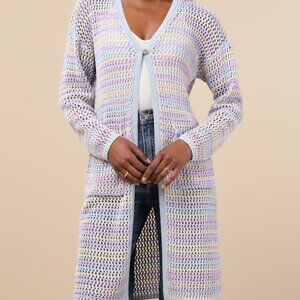 Lulus Breezy Strolls Light Blue Multi Striped Crochet Long Cardigan - Size L